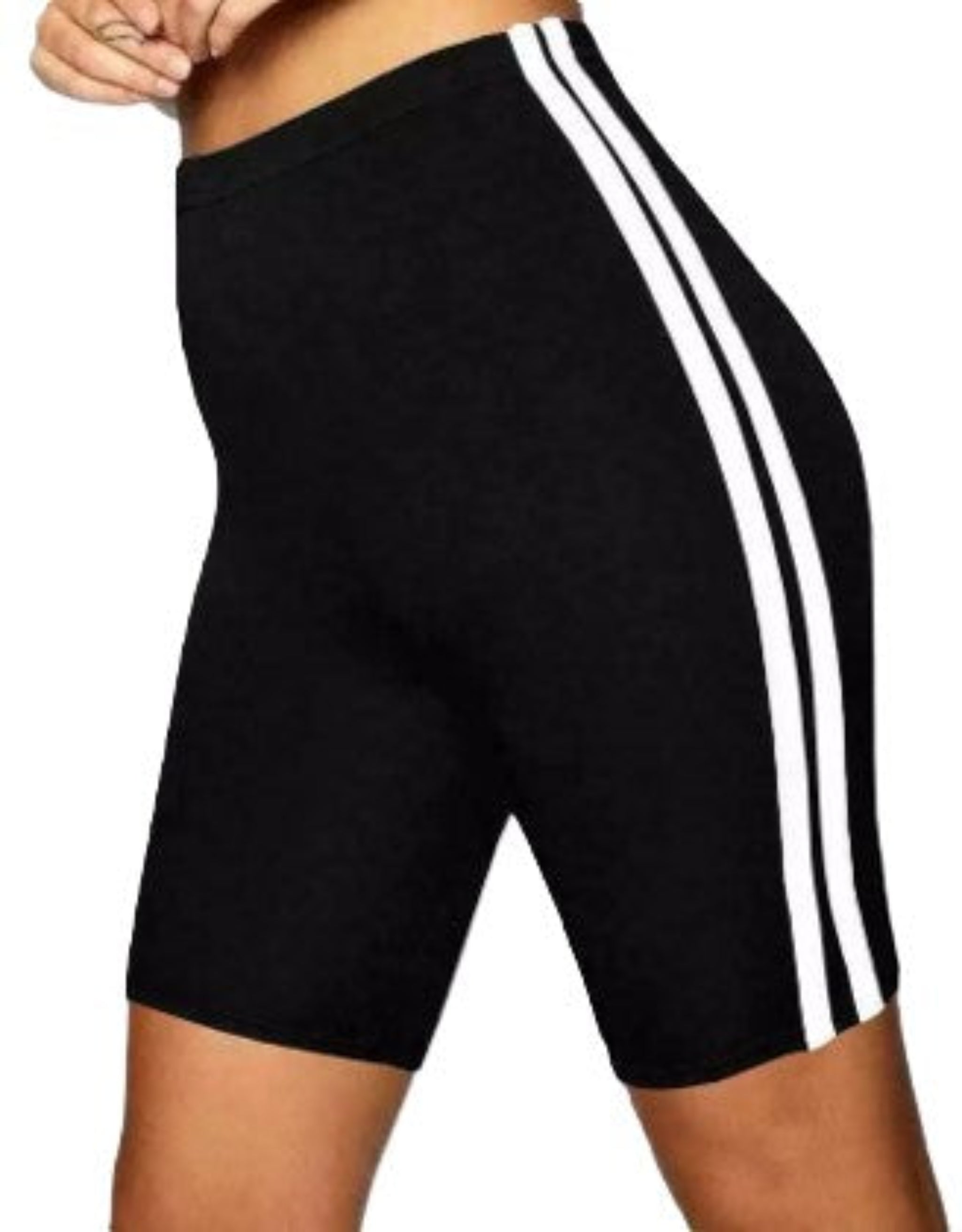 Ladies high-waisted cycling shorts – striped side panel in black